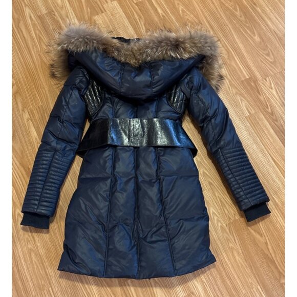 Rudsak Womens TP/XS Navy Down Long Coat With Fur Trim Hood Leather Accents - Picture 10 of 16